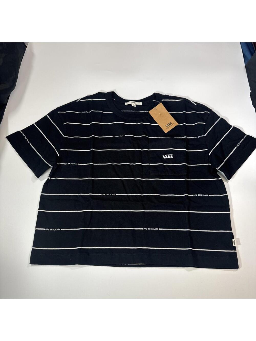 Vans Women's Large Striped Heritage Pocket Crop Top T-Shirt Black White NWT
